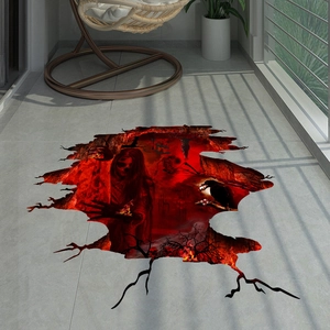 3D Halloween floor decal featuring scary ghost woman, crows, and skull for spooky home decor