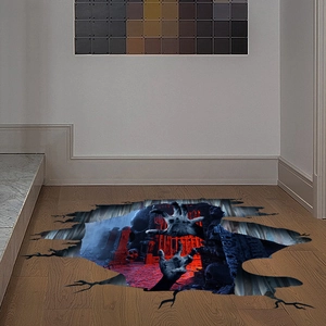 3D Halloween floor decal featuring spooky zombie hands and skeletons on cracked ground texture