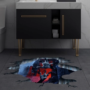 3D Halloween floor sticker featuring zombie hands and skull in a modern bathroom