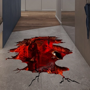 3D Halloween floor decal featuring scary ghosts and skulls in a flaming hell landscape