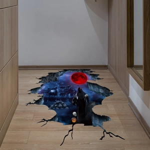 3D Halloween wall floor sticker featuring grim reaper, skull pile and red moon