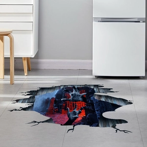 3D Halloween floor decal featuring spooky zombie hands and skulls for home decoration