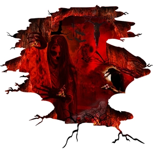 3D Halloween wall decal featuring a scary woman, skulls, crows, and red flames on white base