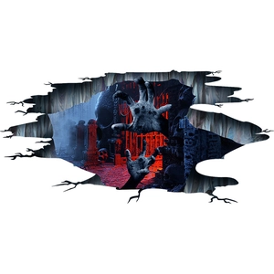 3D Halloween wall sticker featuring a creepy cemetery skull and peeling wall effect