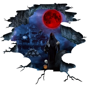 3D Halloween wall decal featuring reaper, red moon and haunted castle in cracked wall design