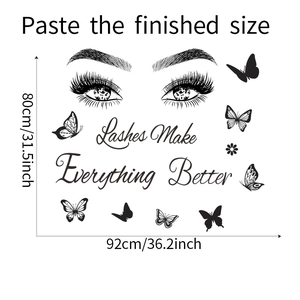 Black vinyl wall decal with eyelashes and butterflies, measuring 80x92cm for home decor