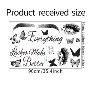 Detail view of eye and butterfly wall stickers with Everything Lashes Make Better quote