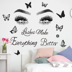Eyelash wall decals with butterflies and Lashes Make Everything Better slogan