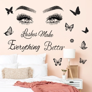 Black vinyl eyelash wall sticker with butterflies and Lashes Make Everything Better text