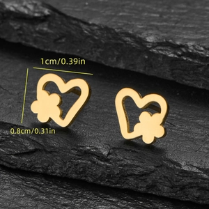 Gold stainless steel heart and flower stud earrings for women with minimalist cutout design