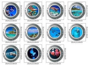 Collection of 11 different 3D marine porthole wall stickers with sea life and beach scenes