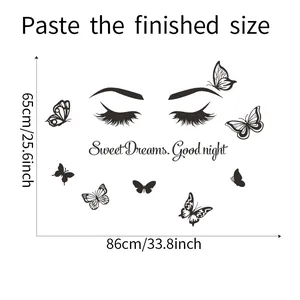 Detailed size chart for Sweet Dreams wall sticker with butterfly and eyelash decals
