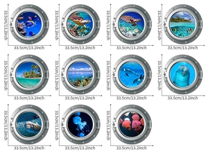 Detailed size chart showing 11 ocean porthole wall stickers with dimensions and patterns
