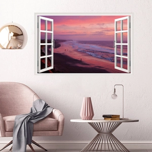 Detail of 3D window wall sticker showing a romantic sunset beach view on a white wall