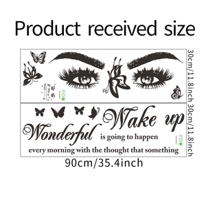 Detailed size specifications for woman eye and butterfly wall decals with quotes