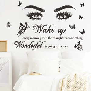 Black vinyl eye and butterfly wall decal with inspirational quote for bedroom decor