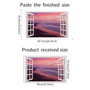 Detailed size guide for 3D fake window wall decal showing sunset beach landscape scene