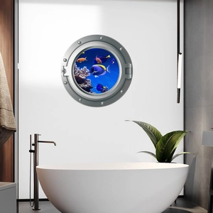 3D porthole wall sticker featuring vibrant ocean reef view with colorful tropical fish