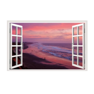 3D window wall decal featuring a realistic beach sunset with pink and purple sky detail