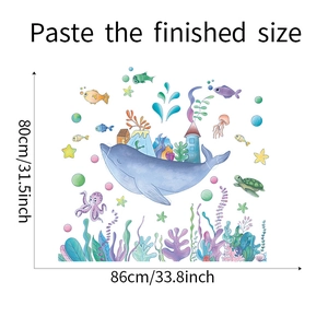Detailed size guide for cartoon ocean world wall decals with whale and sea life