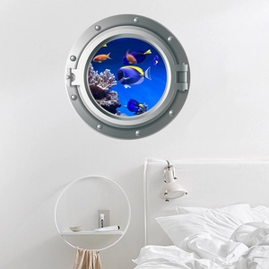 3D porthole wall decal with ocean fish view in a minimalist white bedroom interior