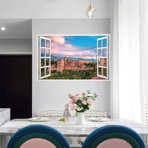 Detailed 3D fake window wall sticker featuring Spain's Alhambra Palace view in a dining room