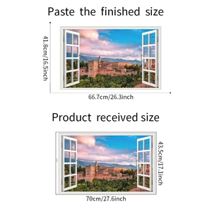 3D false window wall sticker showing Alhambra landscape with detailed size measurements