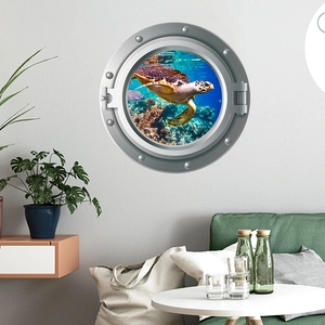 Detailed 3D porthole wall sticker featuring a sea turtle and vibrant coral reef scene