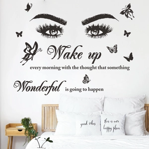 Black eyelashes and butterflies wall sticker with inspirational quote for home decor