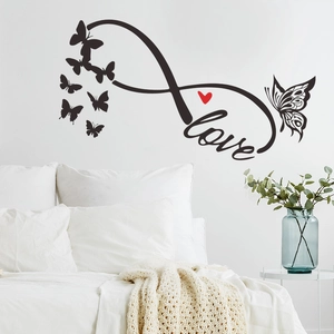 Infinity love wall decal with red heart and butterflies for modern bedroom decor