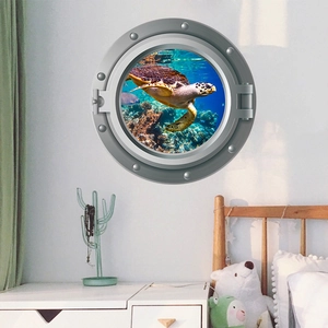 Detail of 3D sea turtle porthole wall decal showing realistic ocean reef and waterproof texture