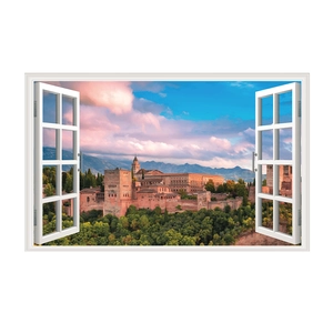 3D wall sticker detail showing realistic white window frame with a scenic European castle