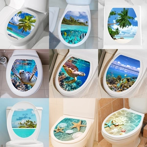 Ocean World 3D Toilet Lid Sticker Waterproof PVC Removable Decal Beach Turtle Dolphin Tropical Fish Coral Bathroom Decor