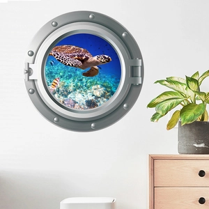 3D porthole wall decal featuring a sea turtle and tropical fish in a realistic underwater scene