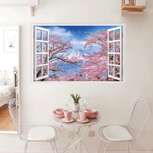 Detailed 3D faux window wall sticker featuring Mount Fuji and cherry blossoms for decor