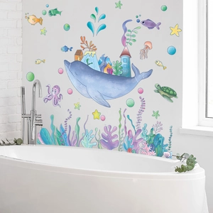 Cartoon blue whale and sea creatures wall stickers for children's bathroom decoration