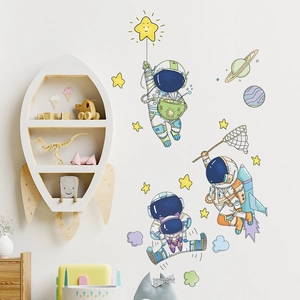Cartoon astronaut and stars PVC wall sticker set for kids room decor and nursery theme