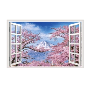 Detail of 3D window wall sticker showing Mount Fuji and pink cherry blossoms scenery