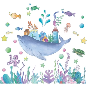 Cartoon blue whale wall sticker set with coral and sea animals for kids' room