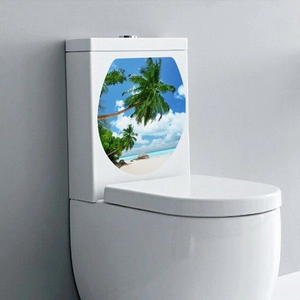 Detail of waterproof toilet sticker featuring tropical beach scenery with palm trees