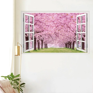 Detailed 3D fake window wall sticker featuring a blooming cherry blossom park landscape