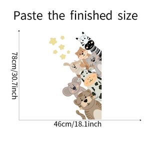 Sticker mural animaux curieux avec dimensions détaillées de 46 cm de large et 78 cm de haut