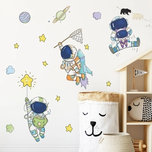 Cartoon astronaut and stars wall stickers set for kids nursery room wall decor