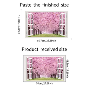 Detailed dimensions for 3D fake window wall sticker featuring pink cherry blossoms