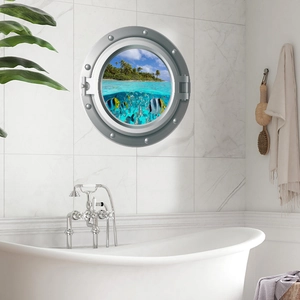 Detailed 3D porthole wall sticker featuring a tropical island view above a bathtub