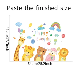 Detailed size specifications for cartoon animal wall stickers featuring giraffe and lion