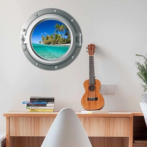 3D ocean porthole wall sticker showing a tropical beach with palm trees on white wall