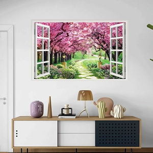 Detailed 3D window view wall decal featuring a cherry blossom path with a white frame