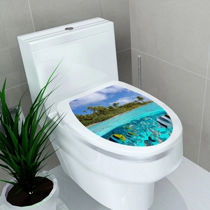 Waterproof toilet lid decal showing tropical ocean scene with fish and coconut trees