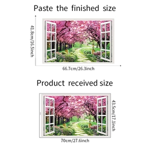 Detailed size chart showing cherry blossom fake window wall sticker dimensions and layout
